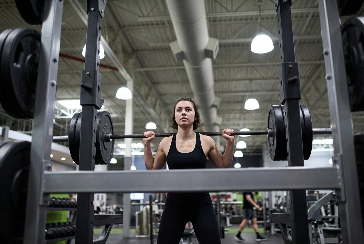 Woman set up under a loaded barbell in a squat rack at VASA Fitness