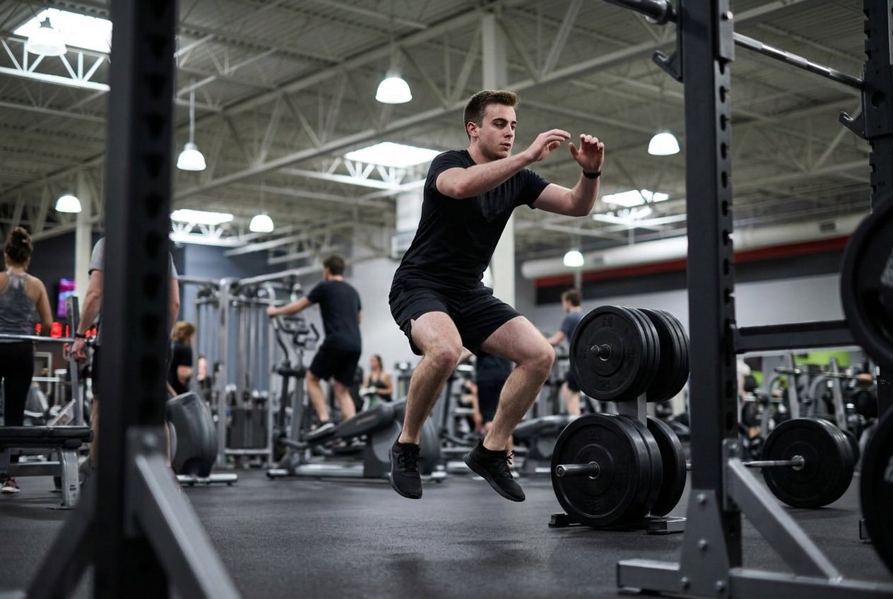 Member airborne at the top of a bodyweight jump squat in the gym