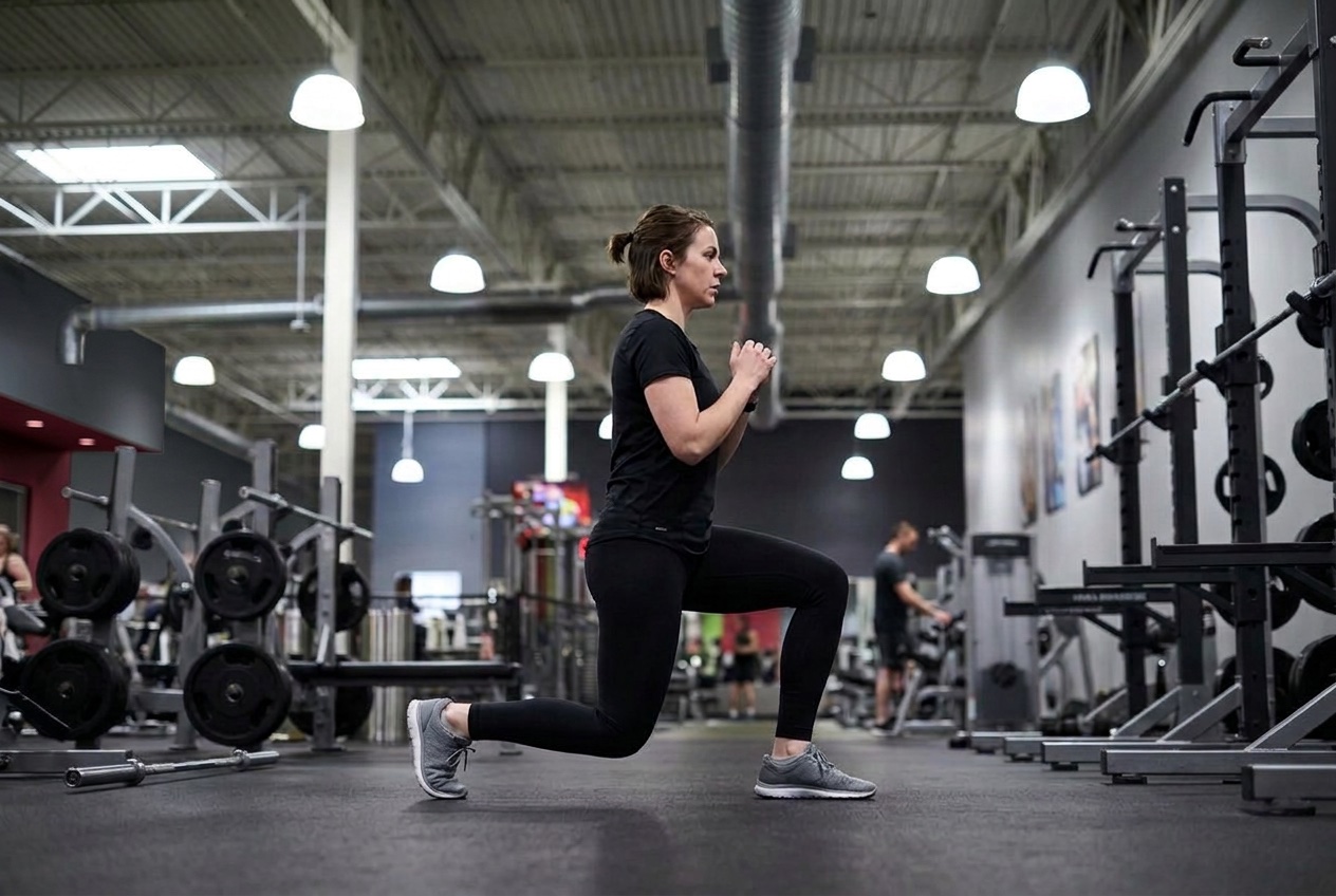Side view of a member performing a bodyweight reverse lunge with an upright torso