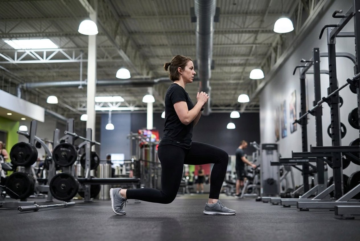 Side view of a member performing a bodyweight reverse lunge with an upright torso