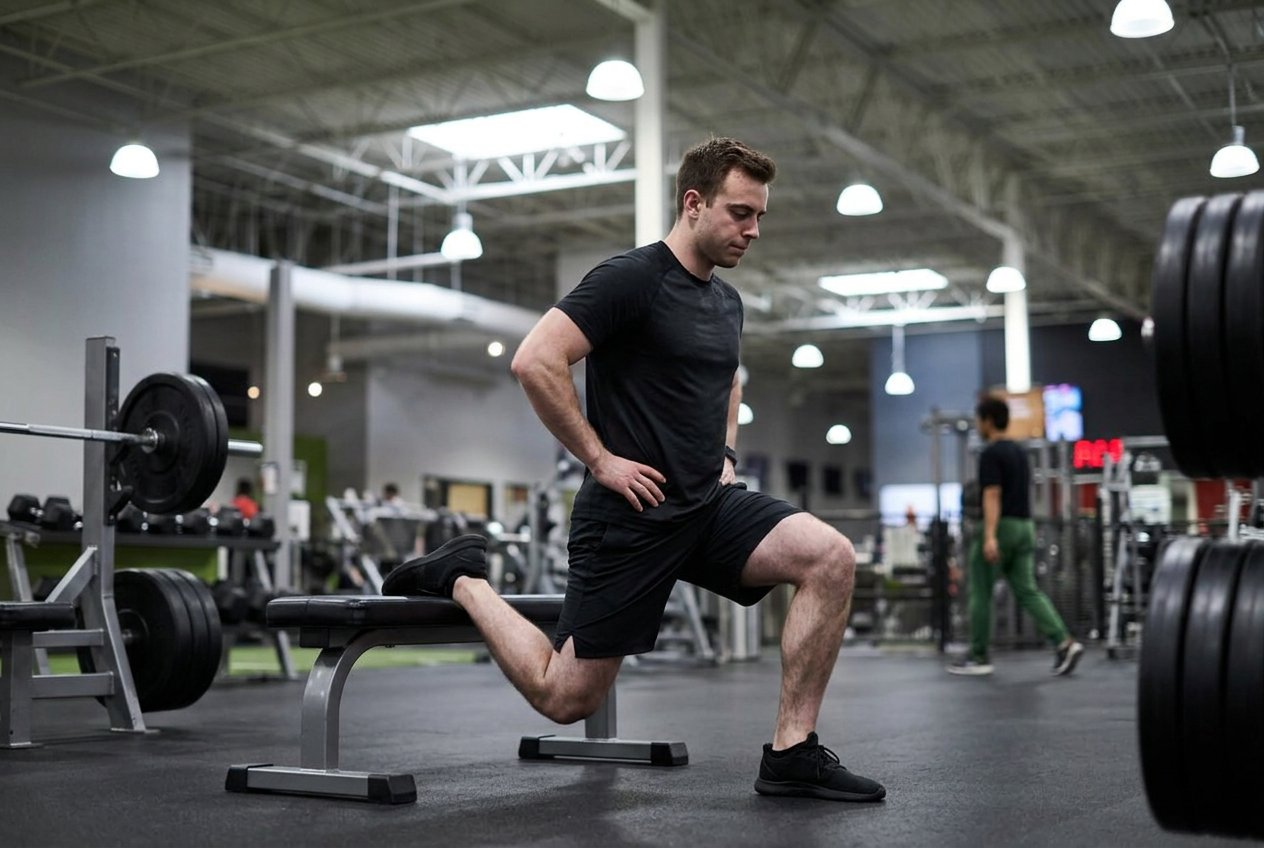 Member performing a bodyweight Bulgarian split squat with the rear foot on a bench
