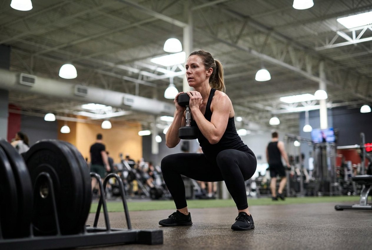 Woman performing a goblet squat with a dumbbell at VASA Fitness