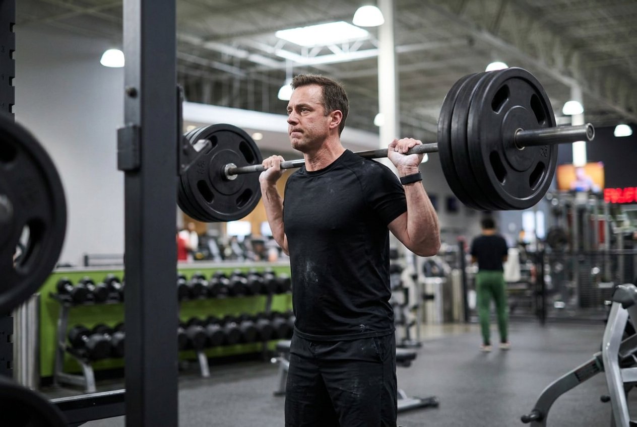 Man standing with a barbell on his upper back in a high bar squat position