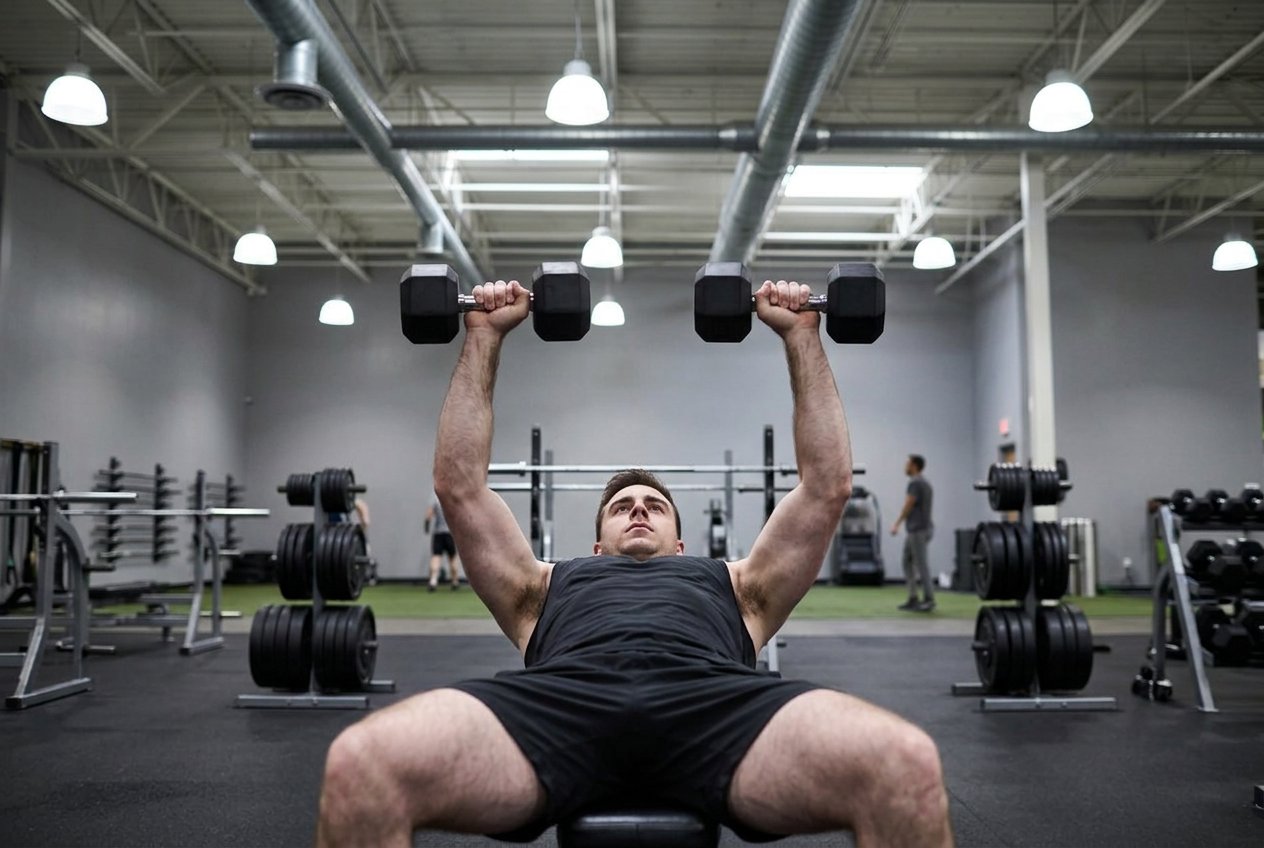 Member performing a flat dumbbell bench press as a push day exercise