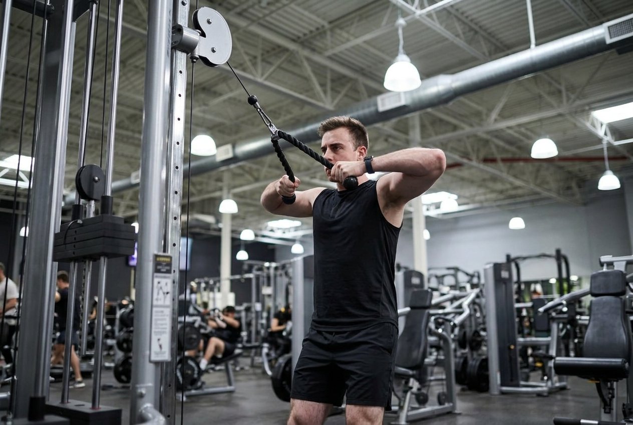 Member performing a rope face pull on a cable station to train the rear delts
