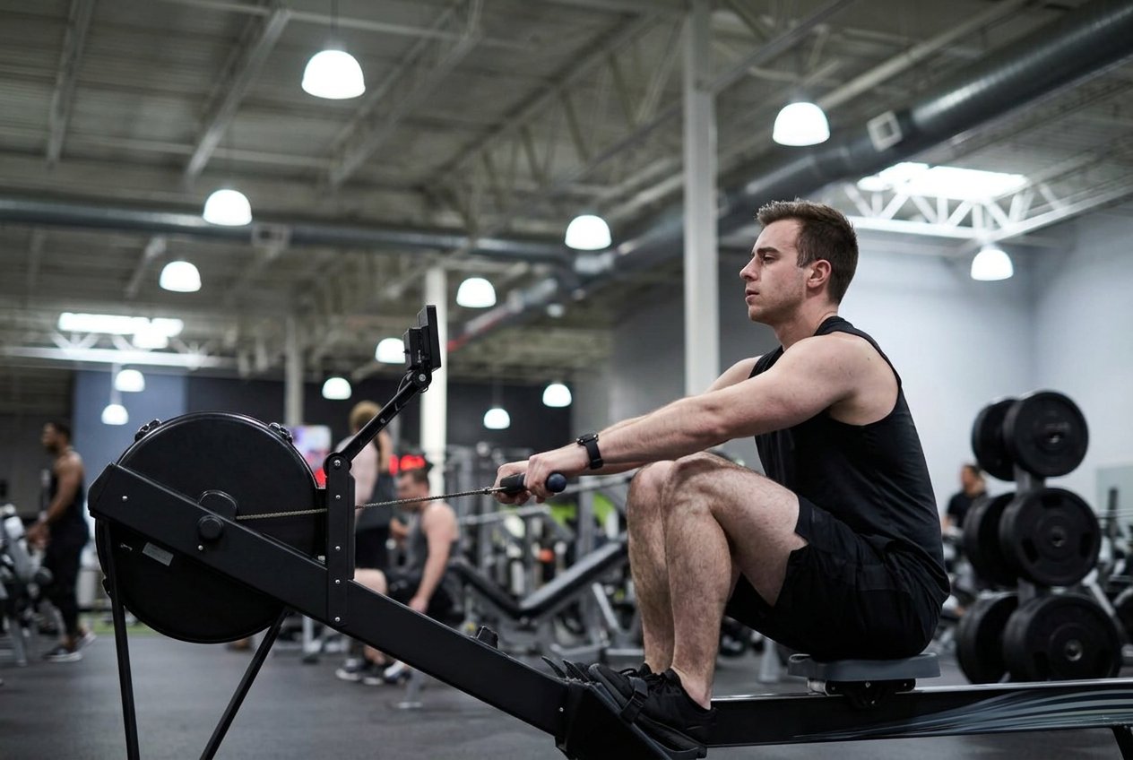 Side view of a member on a rowing machine driving with the legs and arms still straight