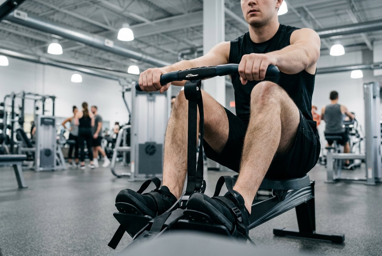 Member seated on a rowing machine with feet strapped in and hands on the handle, setting up to row