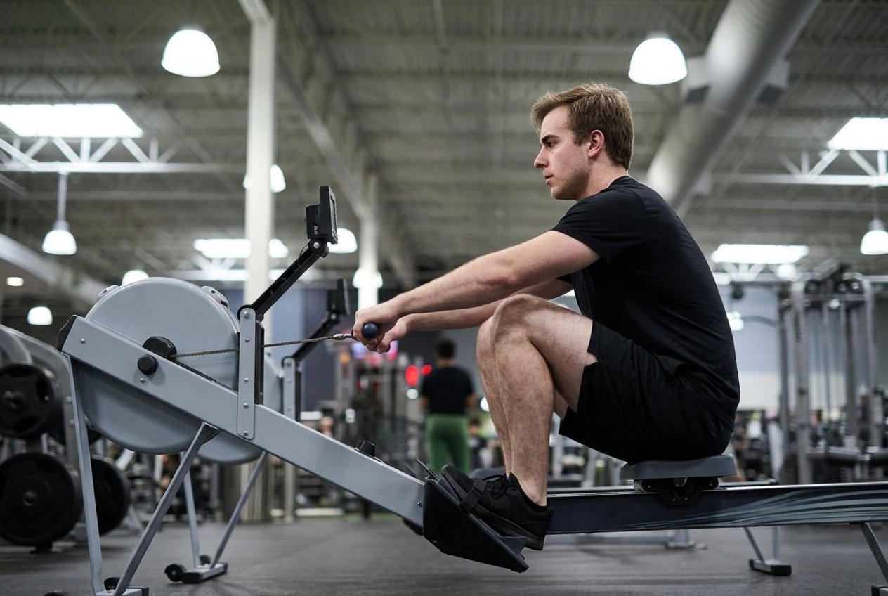 Side view of a member on a rowing machine in the recovery with arms extended and knees bending