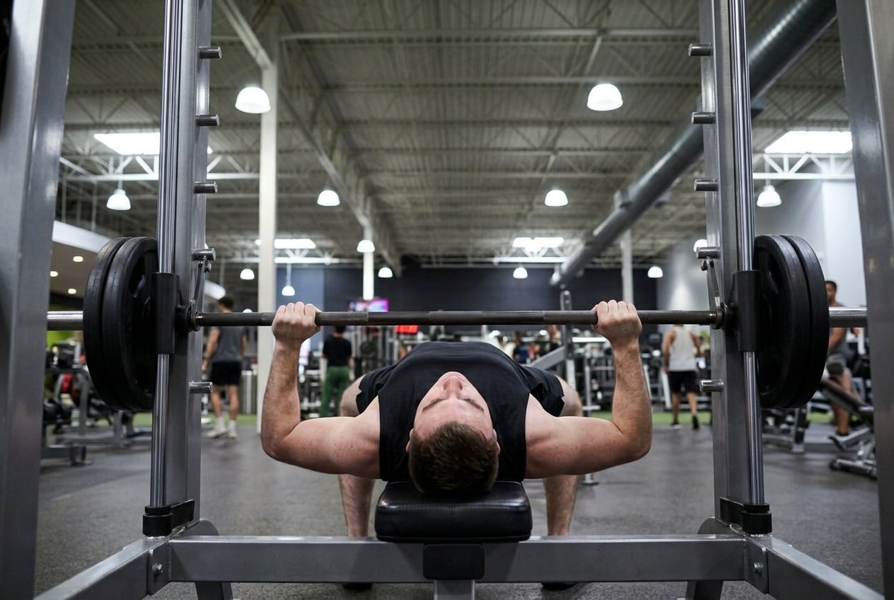 Member performing a flat bench press on a Smith machine with the bar lowered to the chest