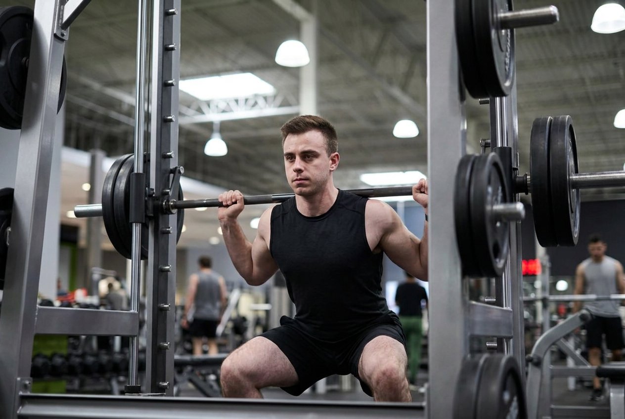 Member performing a Smith machine squat with the bar across the upper back
